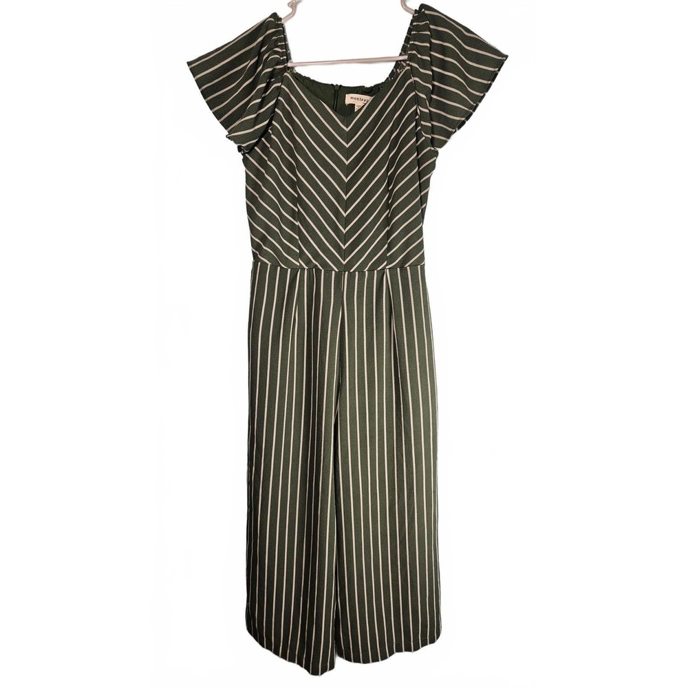 Monteau Los Angeles Green White Striped Flutter Sleeve Wide Leg Jumpsuit M Boho